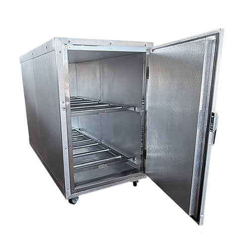 Extra Wide 2-Body Upright Mortuary Cooler by American Mortuary Coolers featuring a 36-inch wide door opening and heavy-duty chrome hardware.