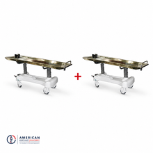2-Pack hydraulic embalming tables — height-adjustable bariatric prep room tables with full stainless tops, 850 lb capacity, factory direct from American Mortuary Equipment