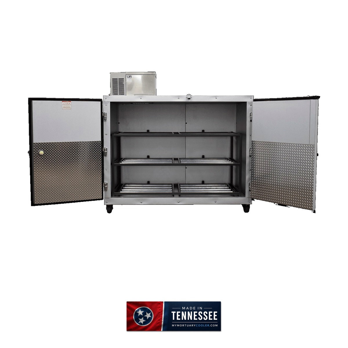3 Body Extra-Wide Side-Load Upright Mortuary Cooler | Dual-Door Bariatric Cadaver Cooler | American-Made Morgue Refrigeration