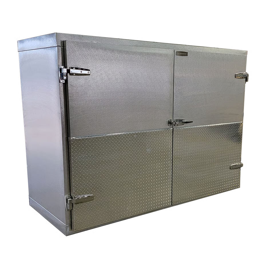 3 body side-load upright mortuary cooler double-door configuration, bariatric cadaver storage without casters