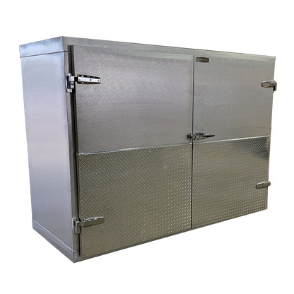 3 body side-load upright mortuary cooler double-door configuration, bariatric cadaver storage without casters