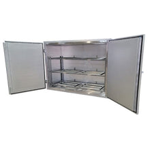 Interior view of a 3-body side-loading mortuary cooler by American Mortuary Coolers with both doors open, displaying the heavy-duty 3-tier roller rack system and stainless steel interior construction.