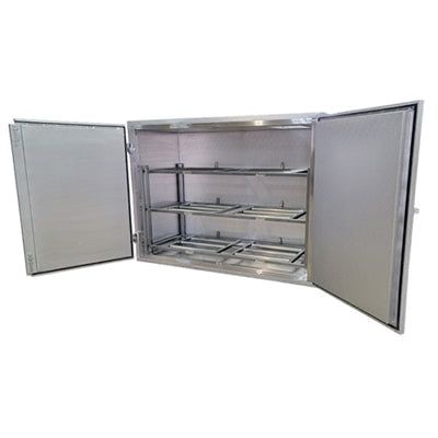 Interior view of a 3-body side-loading mortuary cooler by American Mortuary Coolers with both doors open, displaying the heavy-duty 3-tier roller rack system and stainless steel interior construction.
