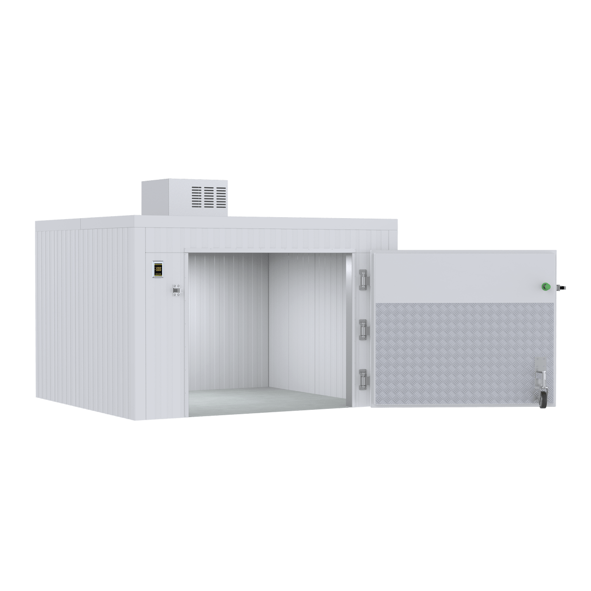 Front view of a 3 body triple-wide roll-in mortuary cooler designed for funeral home body storage