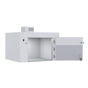 Front view of a 3 body triple-wide roll-in mortuary cooler designed for funeral home body storage