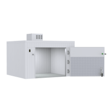 Front view of a 3 body triple-wide roll-in mortuary cooler designed for funeral home body storage