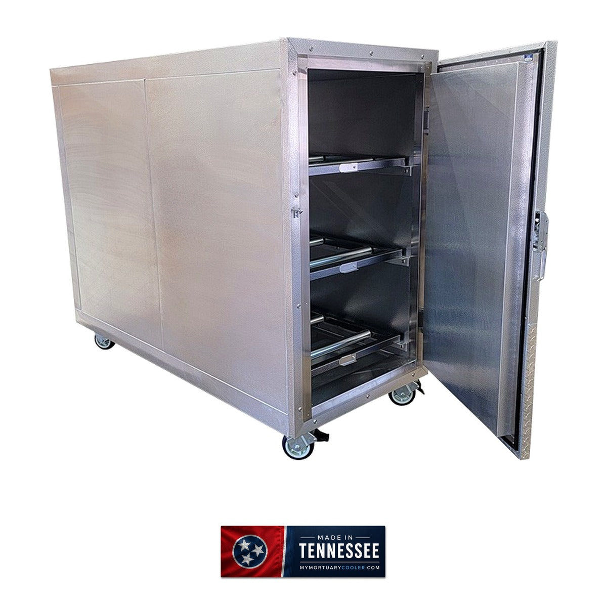 6 body dual-door upright mortuary cooler interior bay detail, twin roller rack cadaver storage
