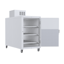 Interior view of the Model 3BX mortuary cooler showcasing the extra-wide 36-inch heavy-duty stainless steel tray tracking system and reinforced rollers.