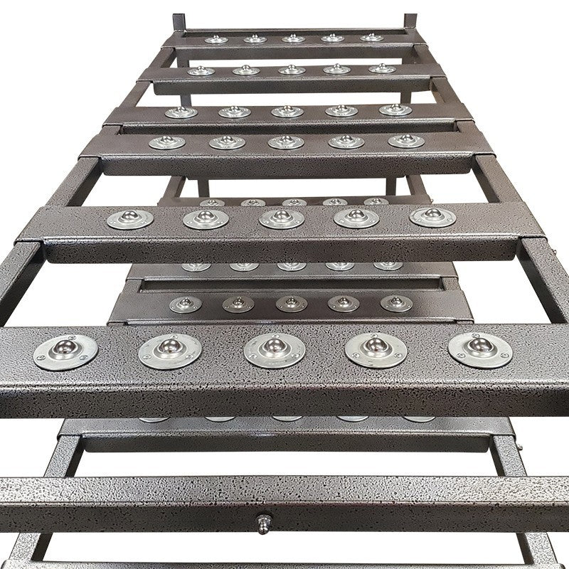 Side view of American Mortuary 3 Tier Multi-Directional Loading Rack showing heavy-duty welded frame and powder coat finish