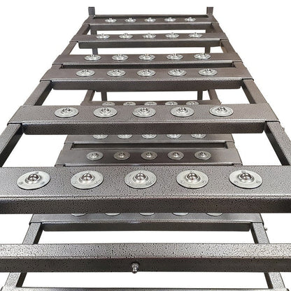 Side view of American Mortuary 3 Tier Multi-Directional Loading Rack showing heavy-duty welded frame and powder coat finish