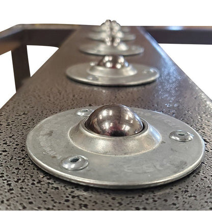 Detail of heavy-duty casters on American Mortuary 3 Tier Loading Rack for mobility and durability