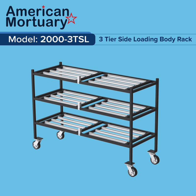 3-tier side-loading mortuary rack Model 2000-03TSL by American Mortuary Coolers, mobile cadaver storage rack with casters for tight prep rooms