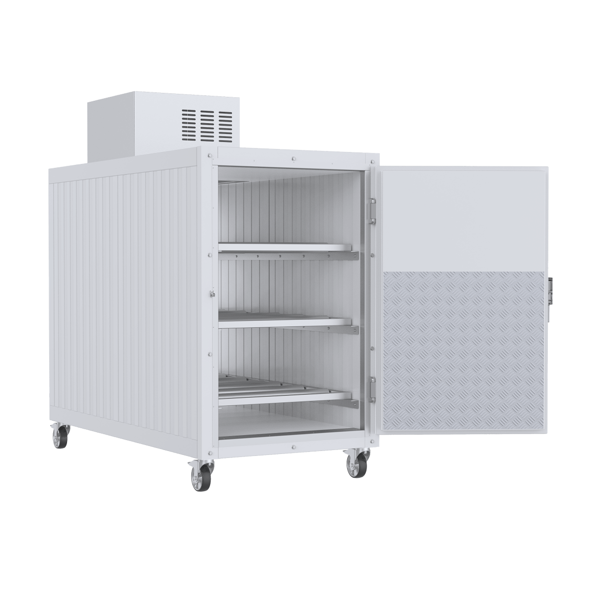 Model 3BX extra-wide mortuary cooler showing optional left-hand and right-hand door hinge configurations for facility customization.