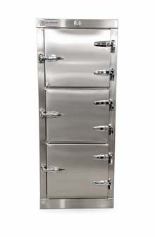 3-body vertical vault-style morgue cooler, Model 1070-3BVU — stacked individual bay storage