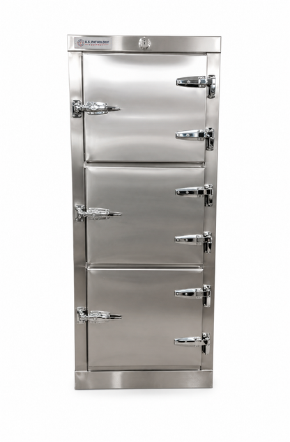 3-body vertical vault-style morgue cooler, Model 1070-3BVU — stacked individual bay storage