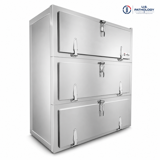 U.S. Pathology Equipment 3-Door Vault-Style Morgue Cooler, Model 1070-3MBS — stainless multi-bay side-load cadaver storage