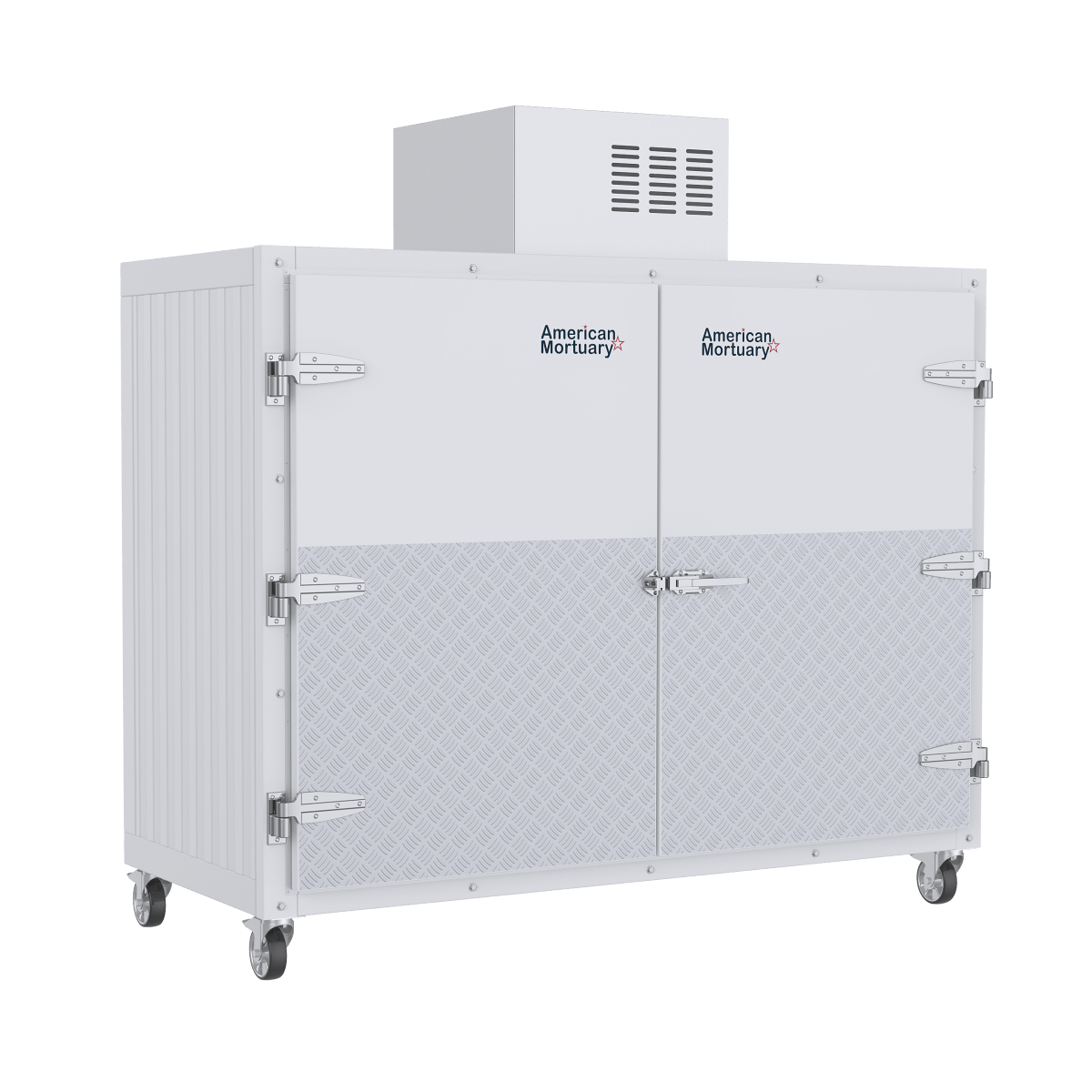 Side-loading doors open on a 3 body upright mortuary cooler for full-width access