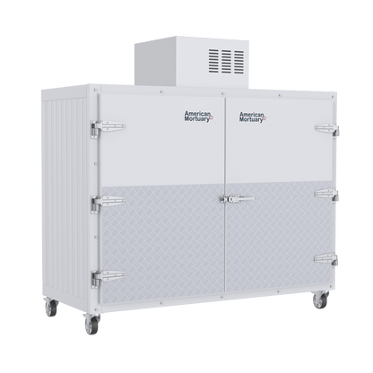 Side-loading doors open on a 3 body upright mortuary cooler for full-width access
