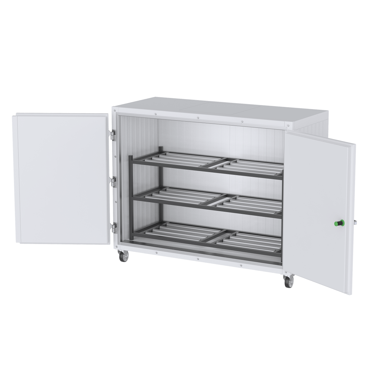 Interior of a 3 body side-loading upright mortuary cooler with welded roller rack system