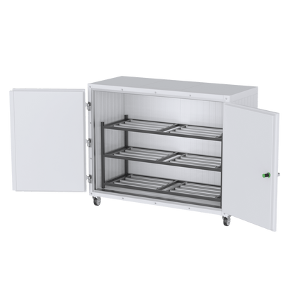 Interior of a 3 body side-loading upright mortuary cooler with welded roller rack system