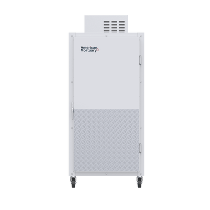 Interior view of a 4 body upright mortuary cooler featuring a smooth-loading 4-tier roller rack