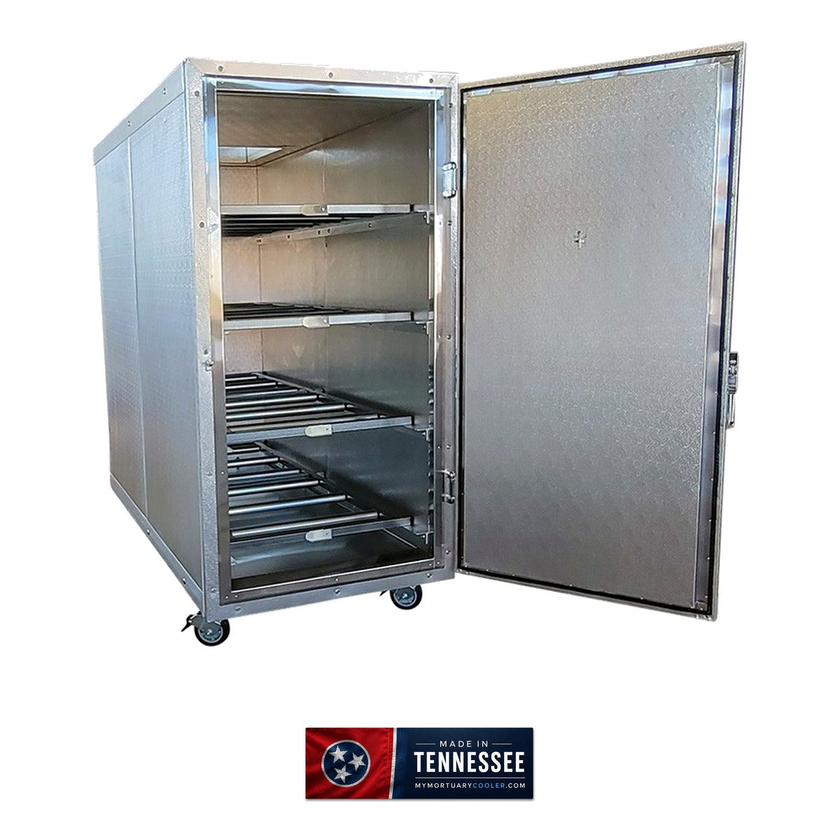 4 body extra wide mortuary cooler side profile, heavy-gauge stainless construction, Tennessee-made