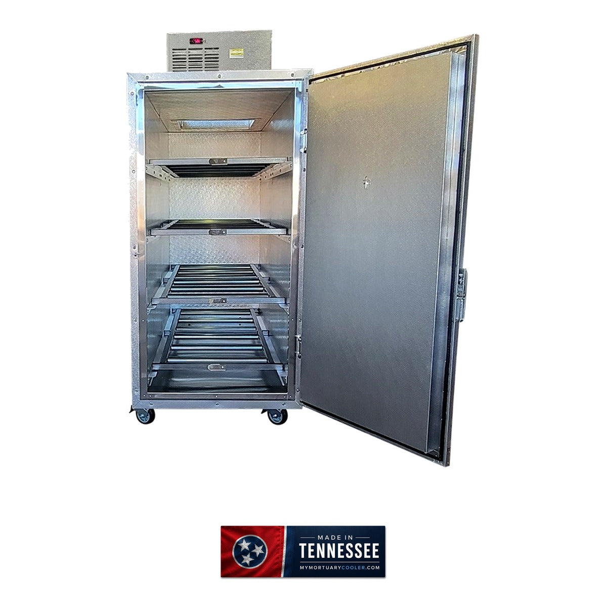 4 body extra wide upright mortuary cooler interior 4-tier tray tracking system, 36-inch bariatric clearance