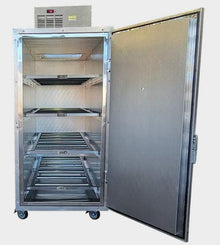 Interior view of the 4 Body Extra Wide (XL) upright mortuary cooler by American Mortuary Coolers with the door open, showcasing the heavy-duty, built-in 4-tier roller racking system and extra-wide access. Made in the USA.