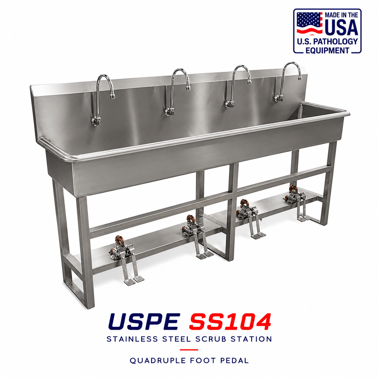 Foot Pedal Sink 4-Station Stainless Scrub Sink Model 1035-06-4 | Hands-Free Morgue and Lab Scrub Station | American-Made