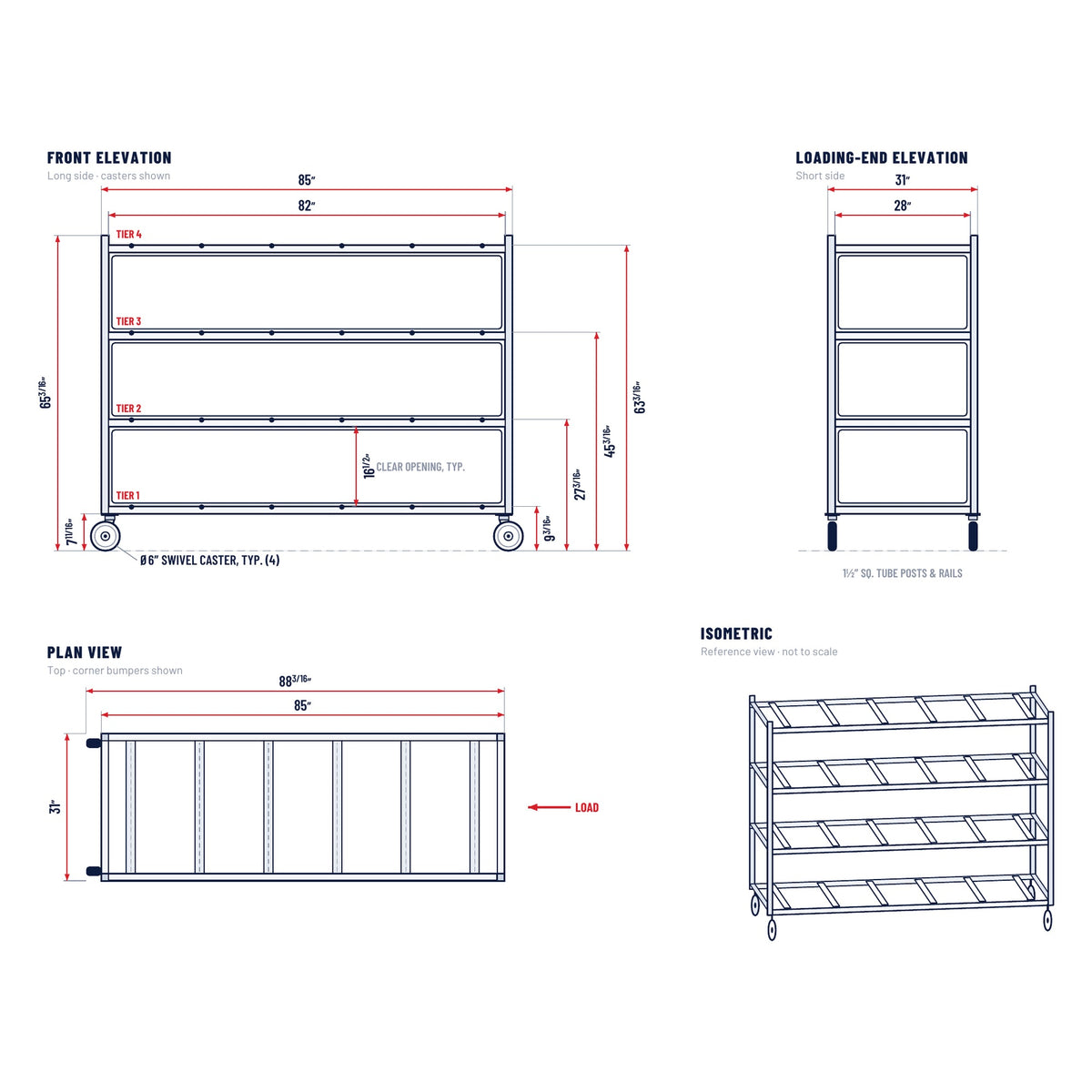 AME 2000-4TEL 4-tier end-load mortuary rack dimension drawing, 85 x 31 x 65 3/16 inches