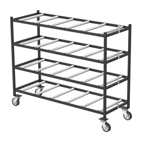 2000-4TEL 4-tier end-load mortuary rack with cross rollers and casters, white background