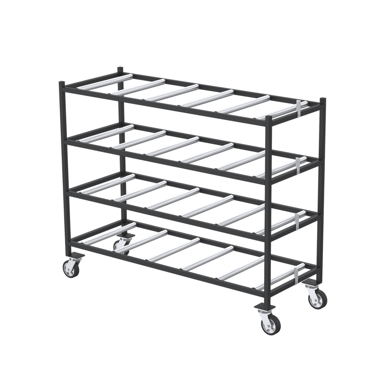 4-tier end-loading mortuary rack Model 2000-4TEL with casters by American Mortuary Coolers, drop-in cadaver storage rack for existing walk-in coolers