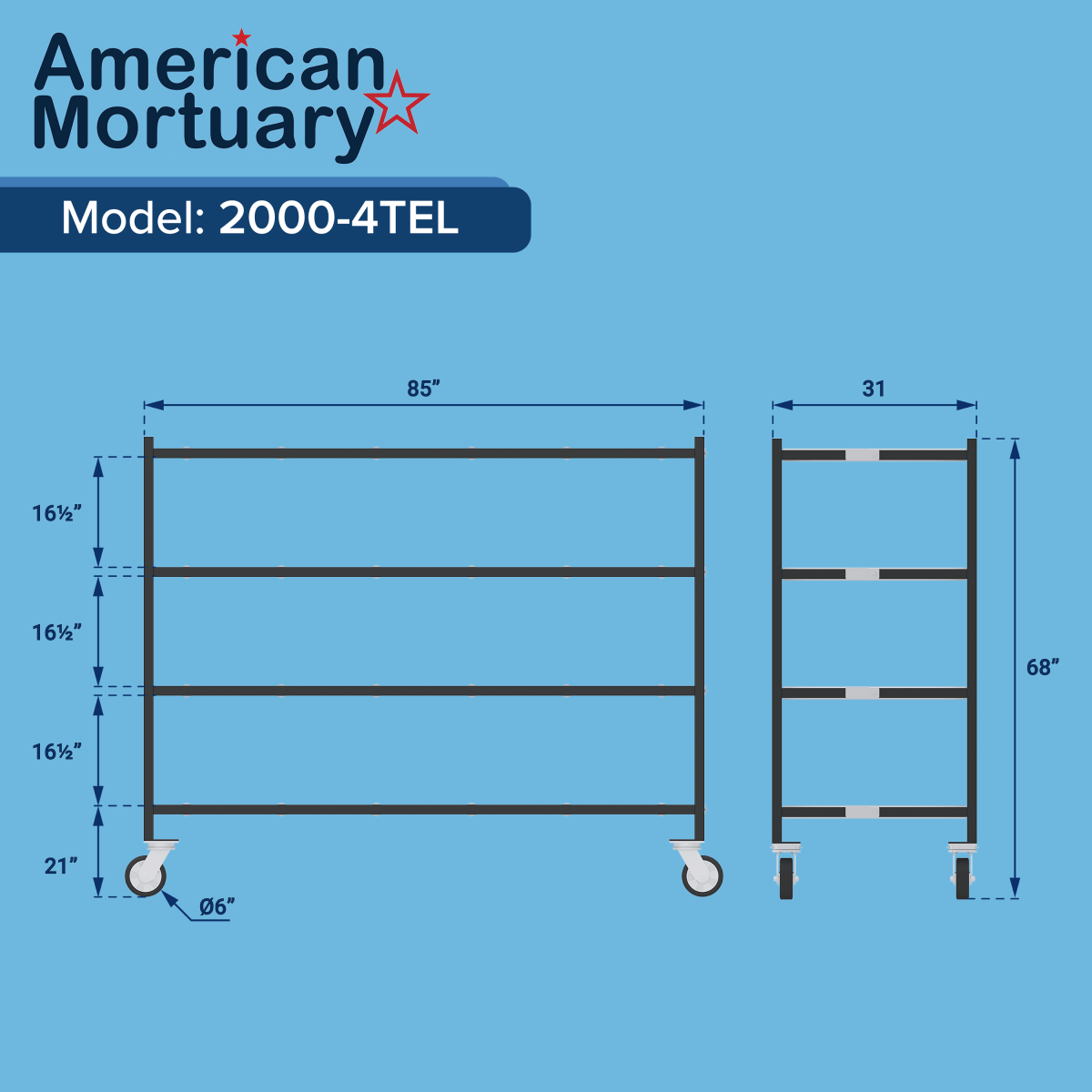 4 Tier End Loading Mortuary Rack | Model 2000 - 4TEL - American Mortuary Coolers & Equipments