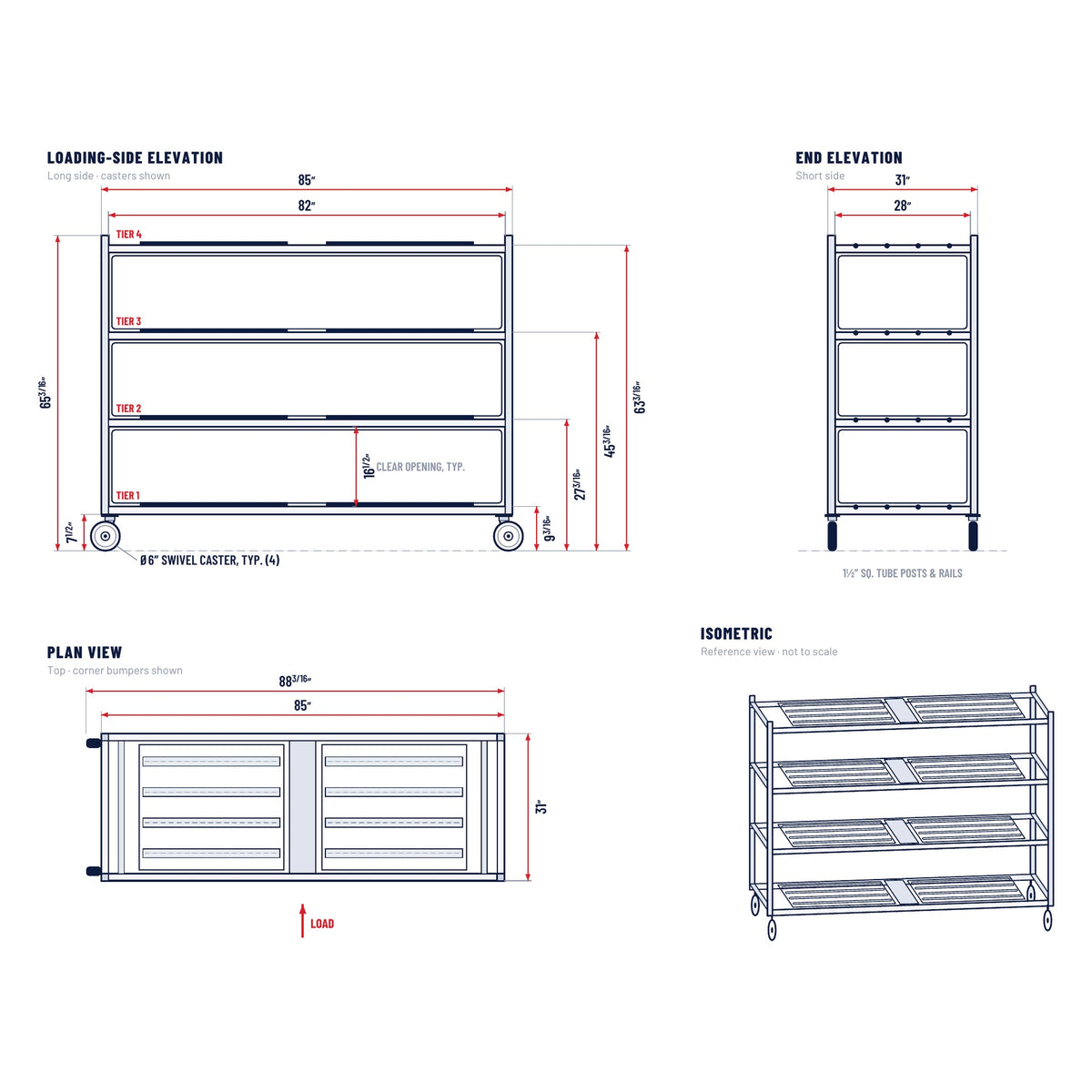 AME 2000-4TSL 4-tier side-load mortuary rack dimension drawing, 85 x 31 x 65 3/16 inches