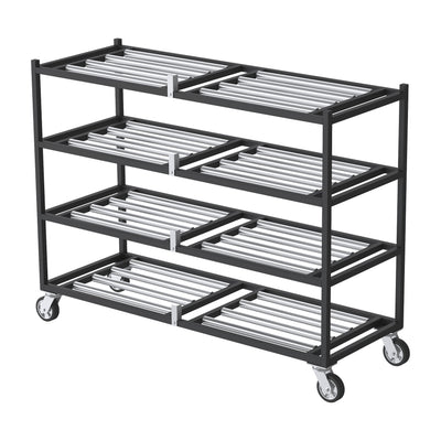 AME 2000-4TSL 4-tier side-load mortuary rack with lengthwise roller panels and casters, white background