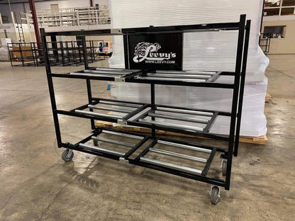 Multiple Model 2000-4TSL mortuary racks in a large mortuary cooler, illustrating high-volume cadaver storage.