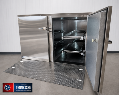 4 Body 2-Door Compact Mortuary Cooler | Model AMC-4B-2D | Hybrid Dual-Door Cadaver Storage | American-Made Morgue Refrigeration