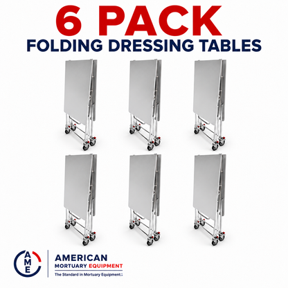 6-Pack folding mortuary dressing tables — bulk bundle of stainless steel cadaver prep tables, American Mortuary Equipment