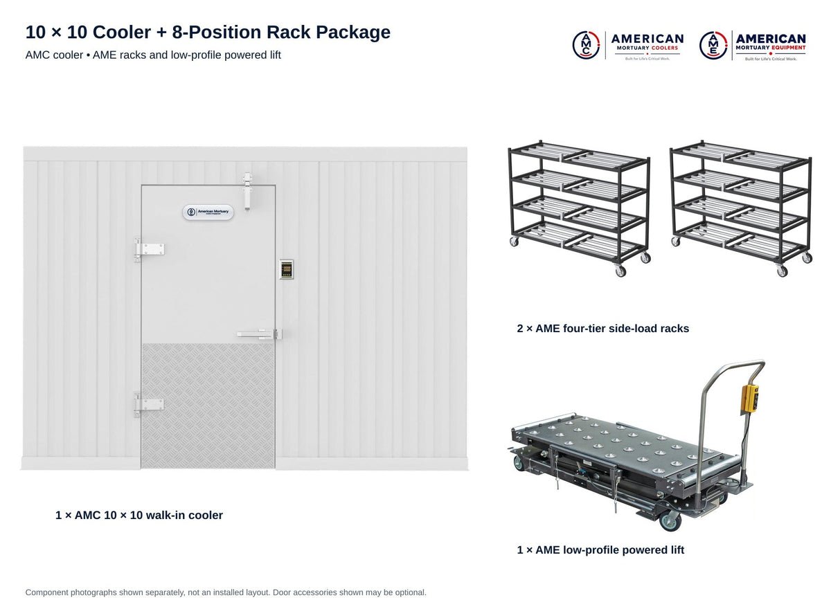 AMC 10x10 cooler, two AME four-tier racks and low-profile powered lift, genuine component photographs on white; not an installed layout