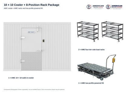 AMC 10x10 cooler, two AME four-tier racks and low-profile powered lift, genuine component photographs on white; not an installed layout