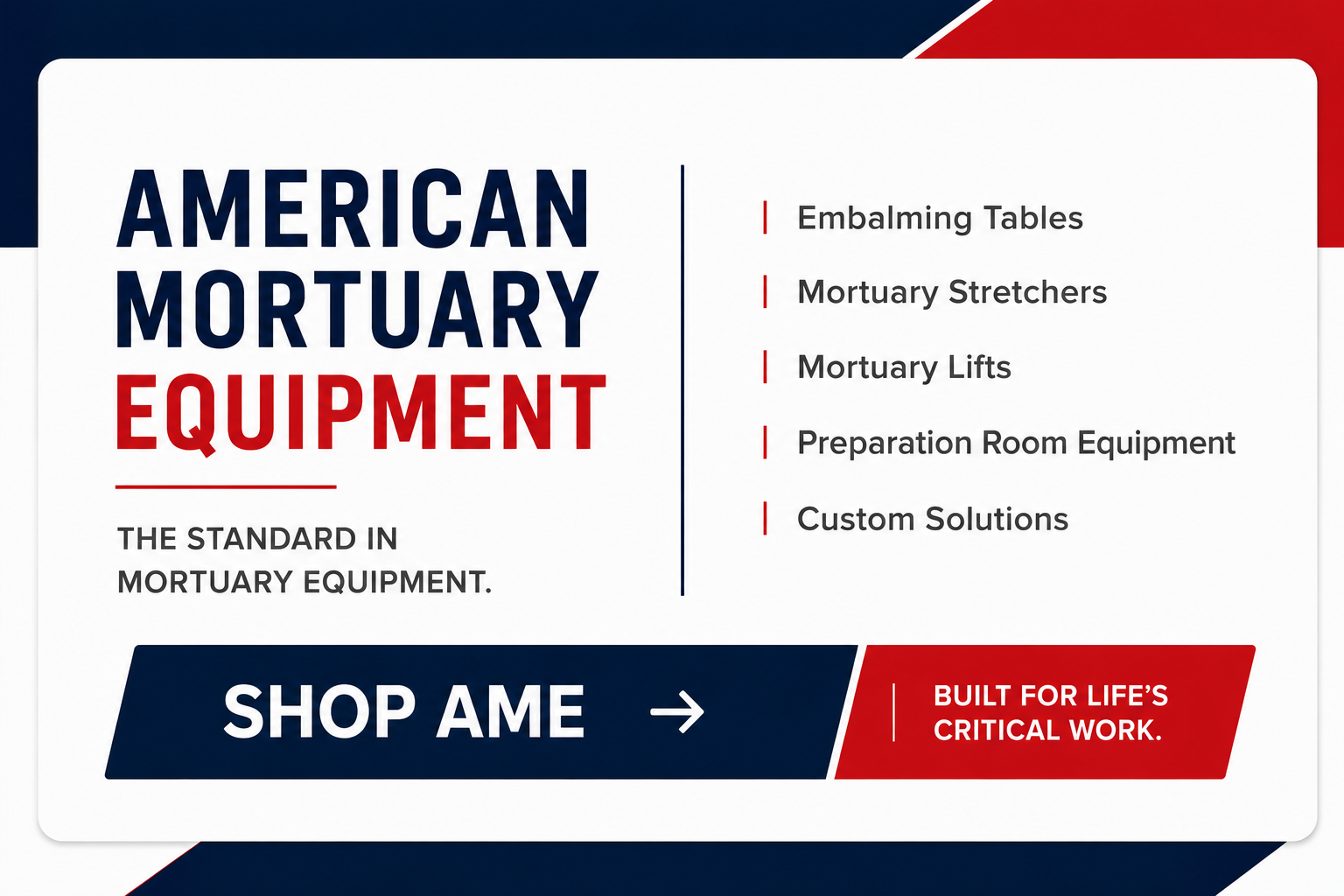American Mortuary Equipment — mortuary cots, embalming tables, cremation and funeral home prep-room equipment