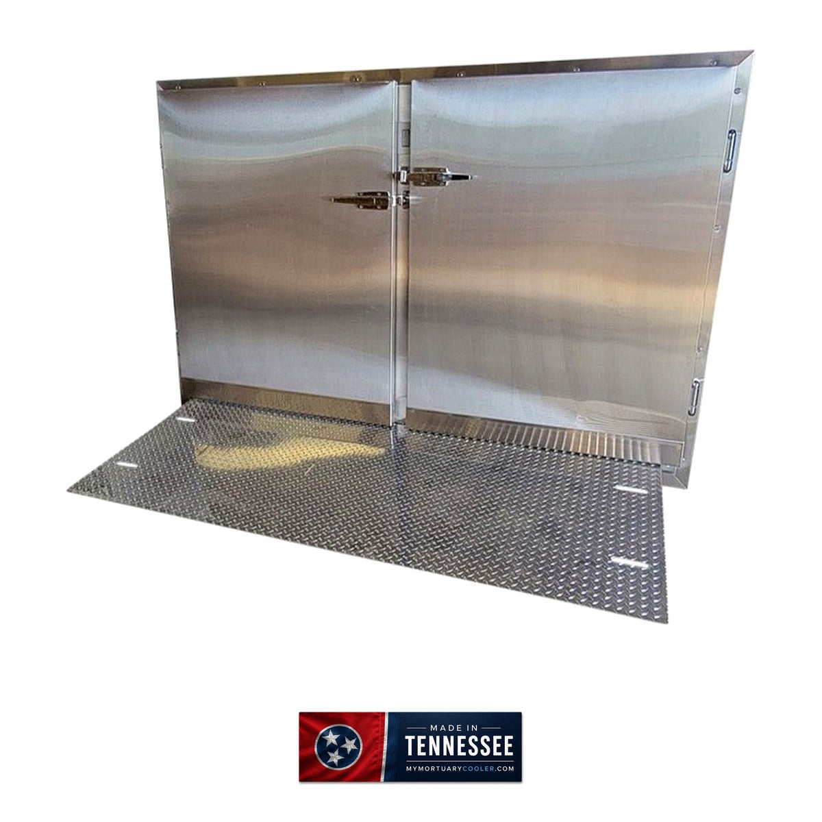 6 body dual-door mortuary cooler open-bay view, 3-tier roller rack tray loading