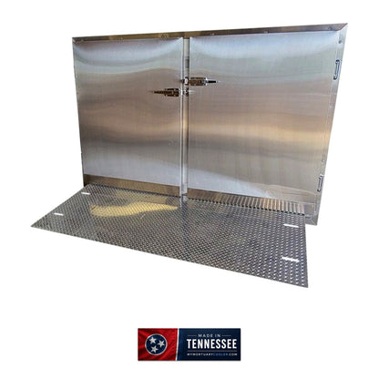 6 body dual-door mortuary cooler open-bay view, 3-tier roller rack tray loading