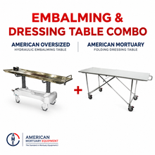 Hydraulic embalming table and folding dressing table bundle, American-made stainless steel prep room package