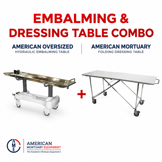 Hydraulic embalming table and folding dressing table bundle, American-made stainless steel prep room package | American Mortuary Coolers