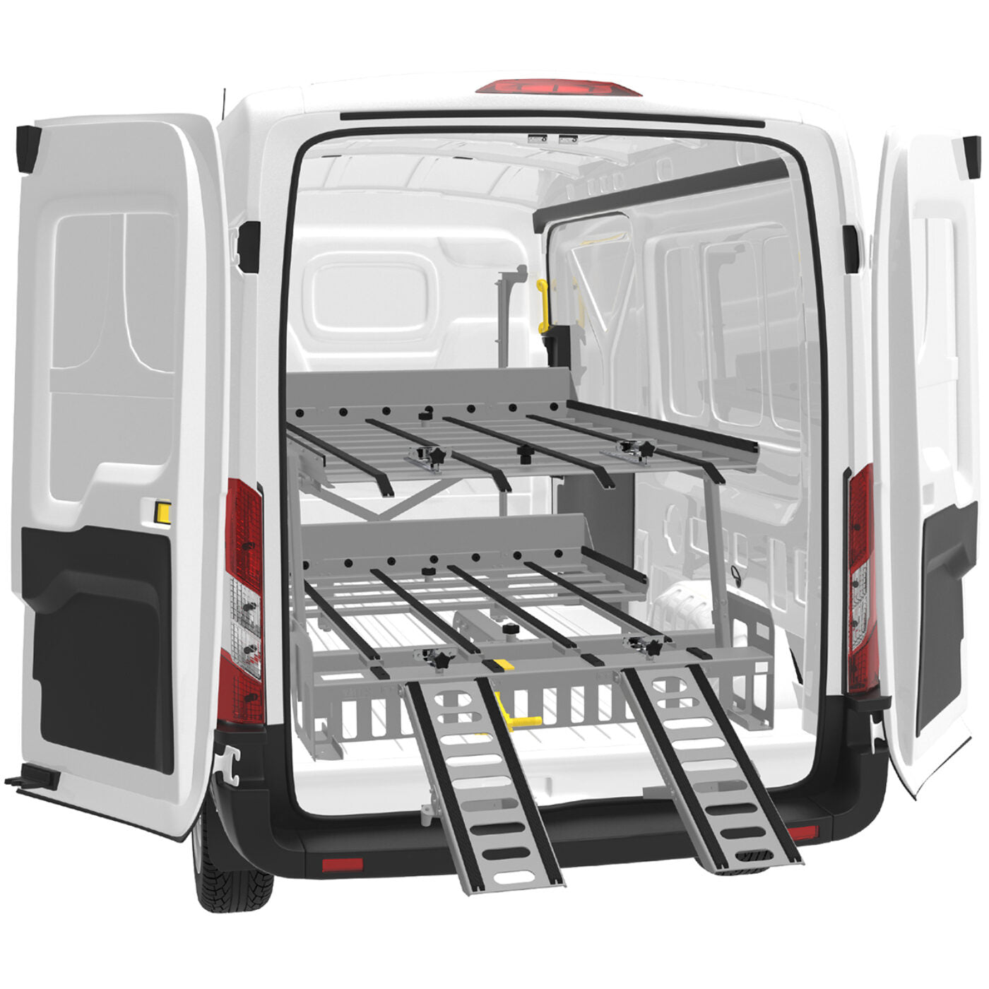 AME-DD4000 upper deck with safety latch engaged — American Mortuary Equipment 4-casket double-deck system for RAM ProMaster and Nissan NV
