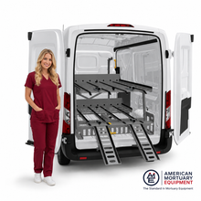 American Mortuary Equipment AME-DD4000 Double-Deck Casket Transporter installed in full-size cargo van — powered upper deck system for funeral homes and first call operators