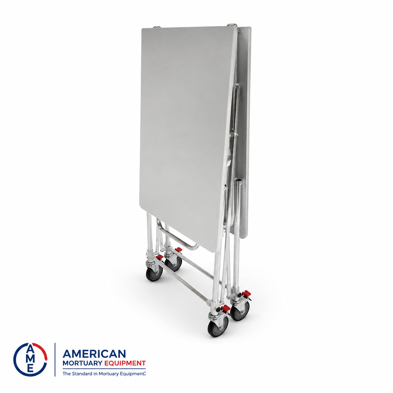 Folding mortuary dressing table collapsed flat for vertical storage between cases, stainless steel