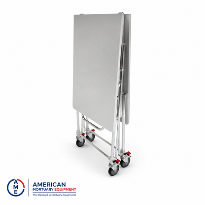 Folding mortuary dressing table collapsed flat for vertical storage between cases, stainless steel