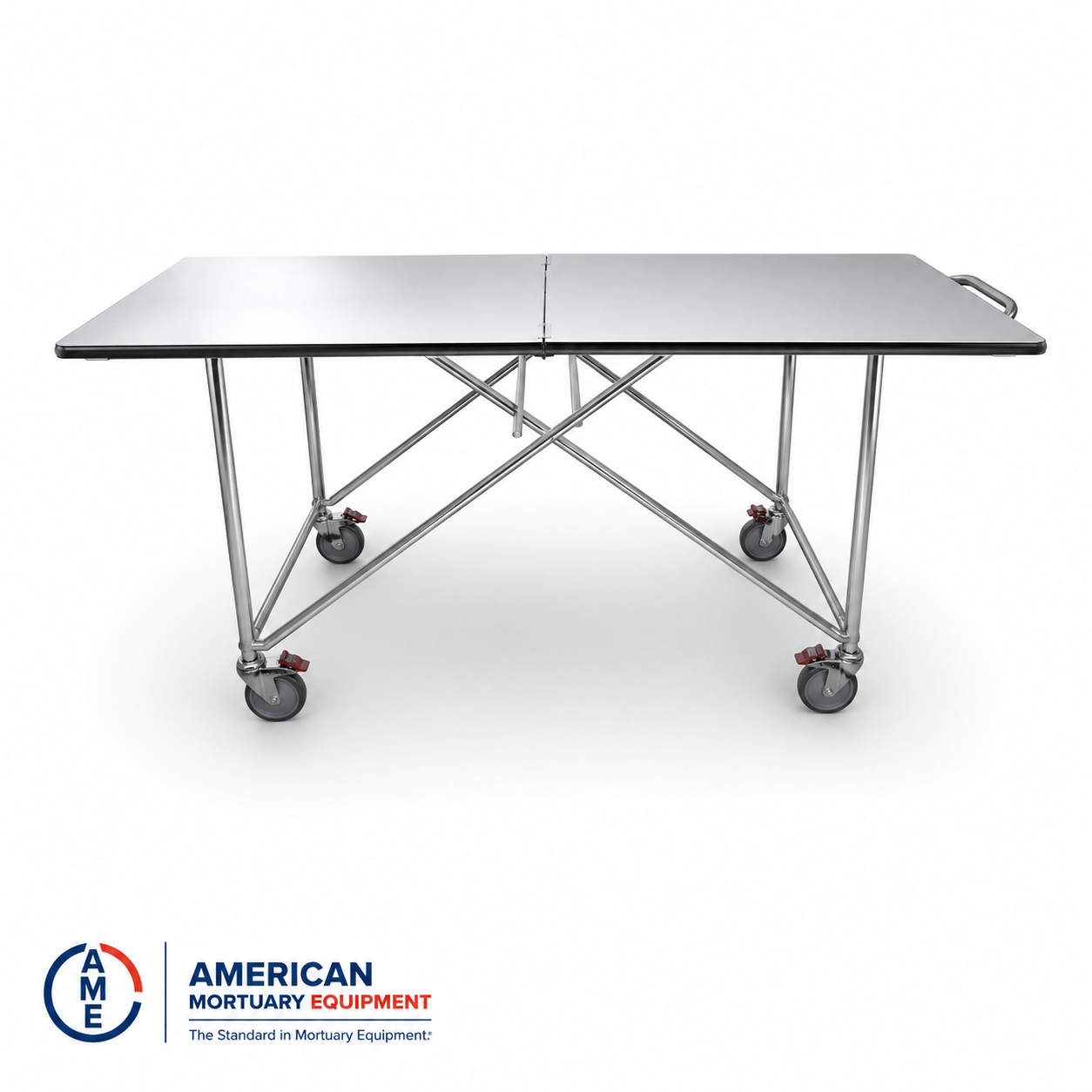 Side view of a folding mortuary dressing table with locking swivel casters and reinforced steel frame